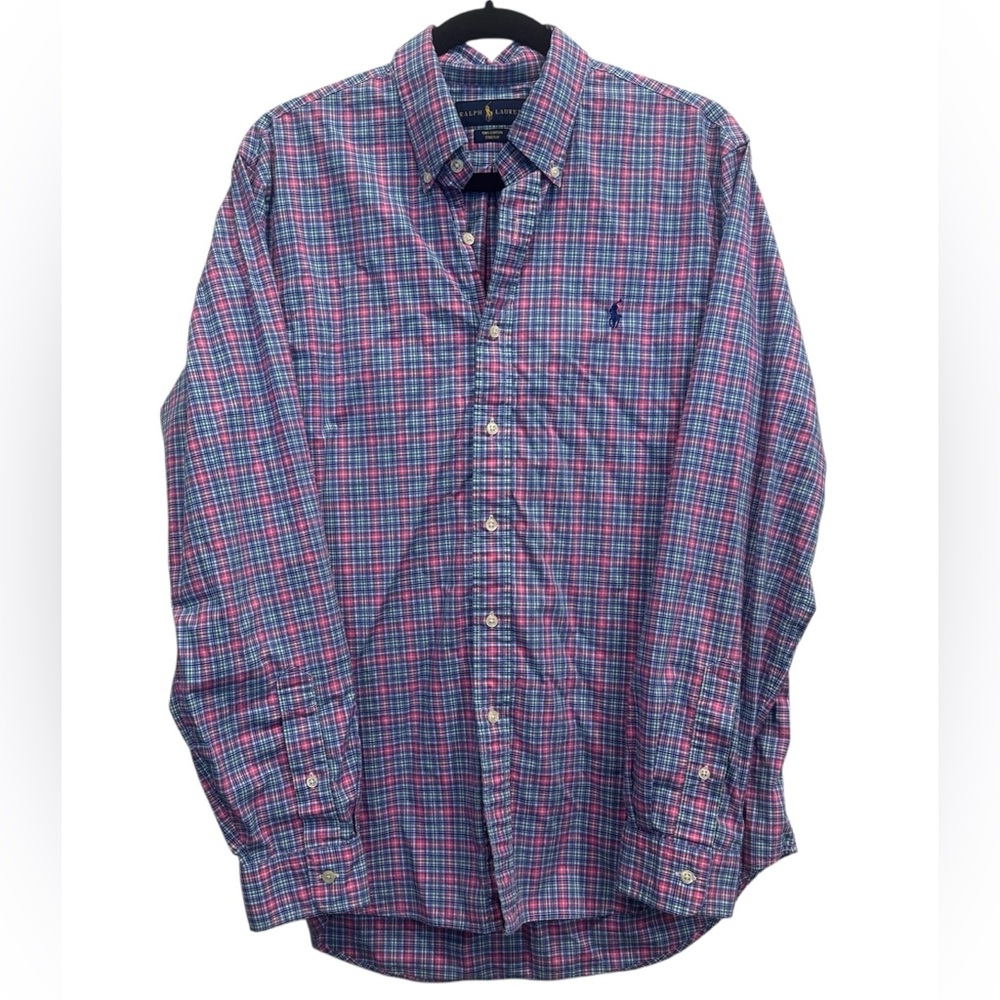 Ralph Lauren Men L/S Shirt Large Blue Pink Green Plaid Button Cotton Stretch GUC